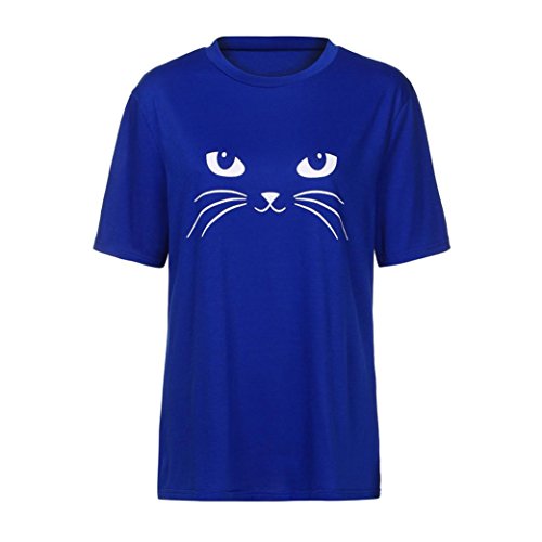 Yesmile Camiseta de Mujer Tops Negro Blusa Causal Ocasionales Camiseta Causal de Las Mujeres Ocasionales de Manga Corta O-Cuello Tops Gato Impreso (Azul A, S)