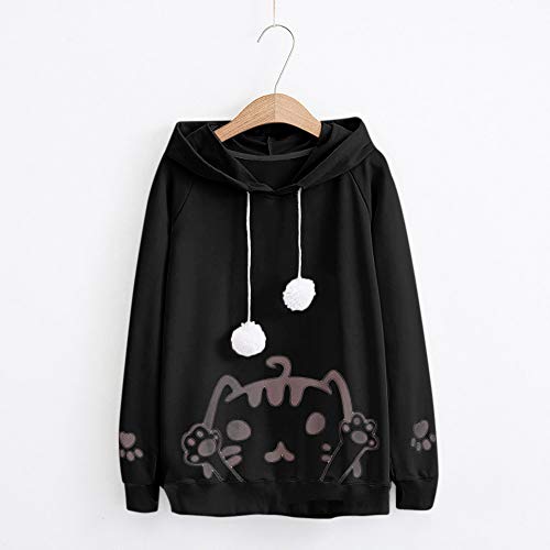 Yesmile Mujer CamisetasLas Mujeres Camisa La Sudadera con Capucha Hairball de la impresión del Gato de la Manga Larga Ocasional del otoño de Las Mujeres