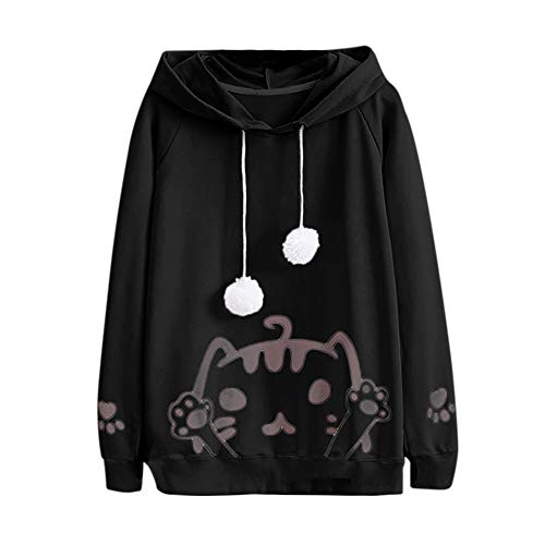 Yesmile Mujer CamisetasLas Mujeres Camisa La Sudadera con Capucha Hairball de la impresión del Gato de la Manga Larga Ocasional del otoño de Las Mujeres