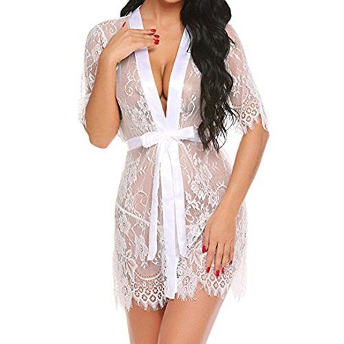 Yesmile Ropa de Interior Pijama Mujer Babydoll Lencería para Mujer Erótica Kimono Transparente Ropa de Dormir de Encaje de Pestañas Batas Larga de Baño (XL, Blanco)