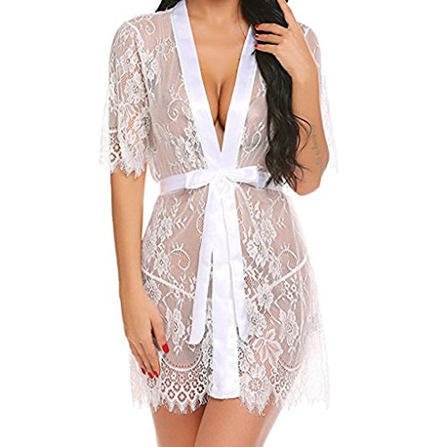 Yesmile Ropa de Interior Pijama Mujer Babydoll Lencería para Mujer Erótica Kimono Transparente Ropa de Dormir de Encaje de Pestañas Batas Larga de Baño (XL, Blanco)