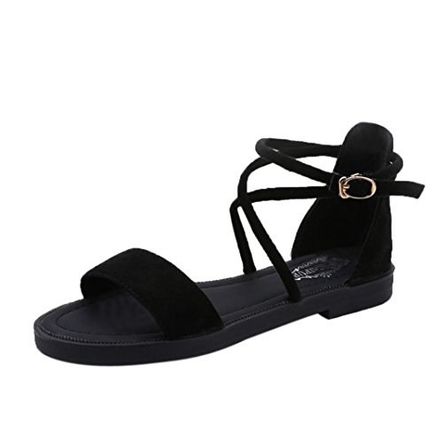 Yesmile Sandalias para Mujer Zapatos Casual de Mujer Sandalias de Verano para Fiesta y Boda Sandalias Planas de Correas Cruzadas Zapatillas de Tacón Zapatos de Bajo Cuña (40, Negro)