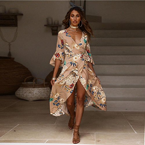 Yesmile Vestido de Mujer Vestido Corto Partido Vestido Elegante de Noche para Boda Boho Vestido Maxi Largo de la Fiesta de Verano de la Playa de Las Mujeres (Caqui, L)
