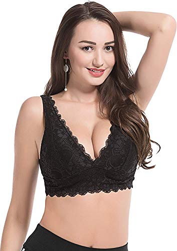 YIANNA Mujer Sujetador De Encaje con Relleno Elasticidad Sujetadores Comfort Lace Bra Top sin Aros Negro,UK-YA7120-Black-M
