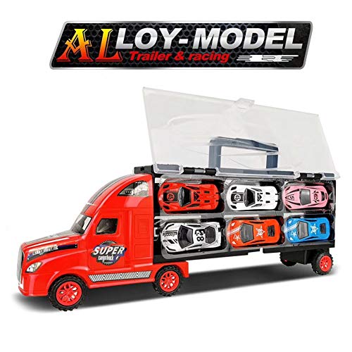 YIMORE Camión de Transporte Transportador de Automóviles con 12 Coches Maletín portacoches Juguete para Niños y Niñas (Rojo)