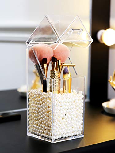 YISHI Soporte de cepillo de maquillaje, organizador de brochas cosméticas con tapa,Contenedores de brochas de maquillaje a prueba de polvo con perlas gratis