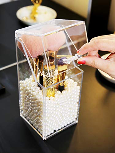 YISHI Soporte de cepillo de maquillaje, organizador de brochas cosméticas con tapa,Contenedores de brochas de maquillaje a prueba de polvo con perlas gratis
