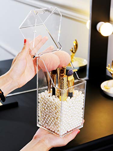 YISHI Soporte de cepillo de maquillaje, organizador de brochas cosméticas con tapa,Contenedores de brochas de maquillaje a prueba de polvo con perlas gratis