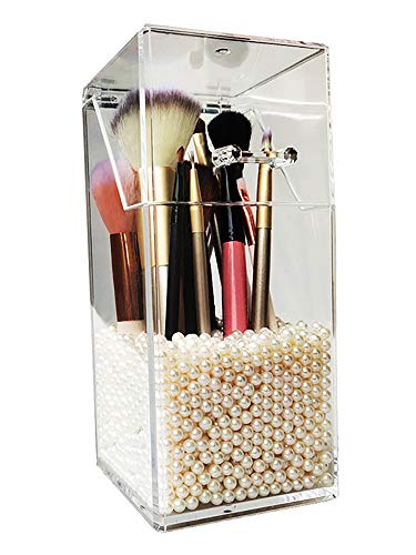 YISHI Soporte de cepillo de maquillaje, organizador de brochas cosméticas con tapa,Contenedores de brochas de maquillaje a prueba de polvo con perlas gratis