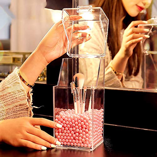 YISHI Soporte para brochas de maquillaje, organizador de brochas de maquillaje con tapa, a prueba de polvo, contenedores de brochas de maquillaje con perlas gratis