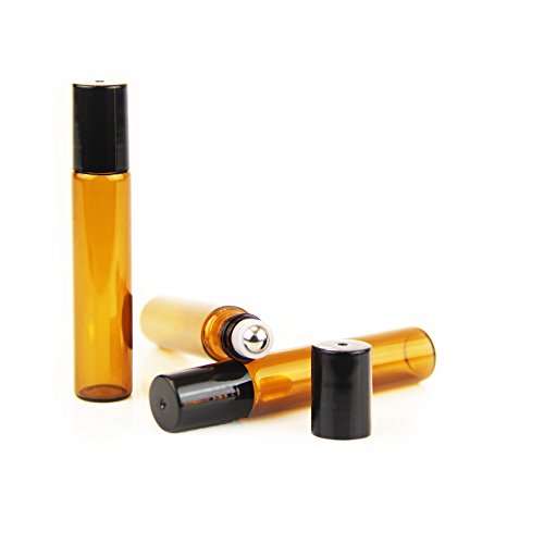 Yizhao Ambar Botellas Roll On Cristal para Aceites Esenciales 10ml, con Roll-on Bola de Acero Inoxidable, para Aceites Esenciales, Masajes, Aromaterapia, Botella de Laboratorio – 12 Pcs