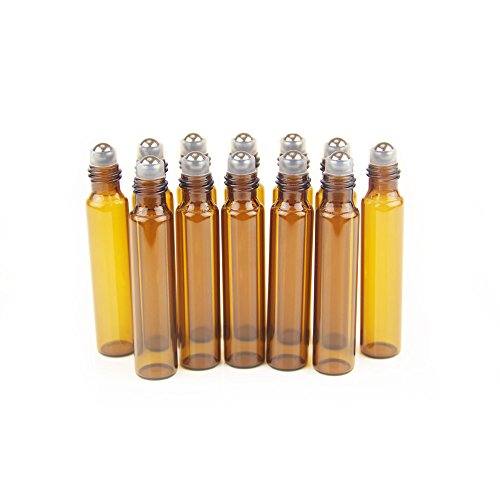 Yizhao Ambar Botellas Roll On Cristal para Aceites Esenciales 10ml, con Roll-on Bola de Acero Inoxidable, para Aceites Esenciales, Masajes, Aromaterapia, Botella de Laboratorio – 12 Pcs