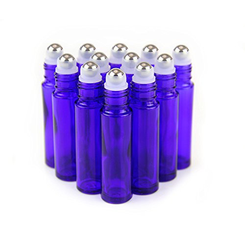 Yizhao Azul Botellas Roll On Cristal para Aceites Esenciales 10ml, con Roll-on Bola de Acero Inoxidable, para Aceites Esenciales, Masajes, Aromaterapia, Botella de Laboratorio – 12 Pcs