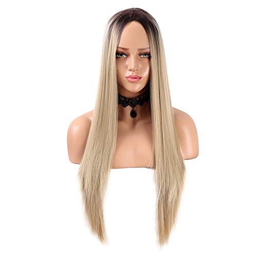 YMHPRIDE Pelucas Ombre Largas y rectas Parte media Rubias Raíces marrones oscuras Pelucas sintéticas de fiesta para mujeres de 22 pulgadas (55,9 cm)