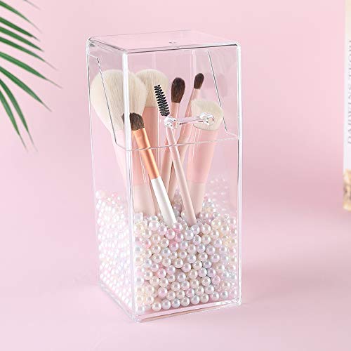 YoelrsaYoelrsa - Soporte para brochas de maquillaje con perla gratis, acrílico transparente con cubierta a prueba de polvo, Rectángulo, Beige,