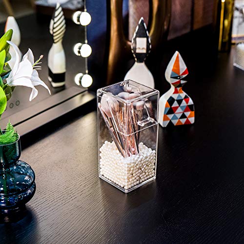 YoelrsaYoelrsa - Soporte para brochas de maquillaje con perla gratis, acrílico transparente con cubierta a prueba de polvo, Rectángulo, Beige,