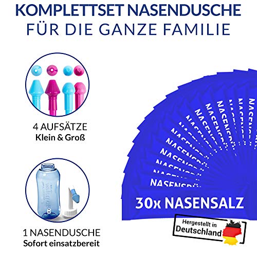 YogaMedic Neti Pot Neti con 30x sachets sal - Limpieza nasal para tratamiento alérgica y resfriado - Irrigador irrigación nasal