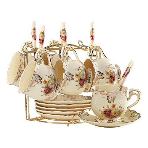 YOLIFE - Juego de tazas de té y platillos con arbustos florecientes, juego de tazas de té de cerámica marfil, paquete de 6 con estante de metal dorado