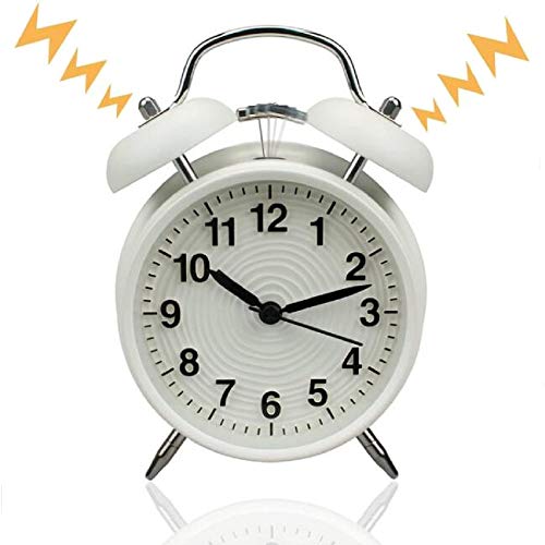 Yonzone - Reloj despertador con doble campana, de 7,6 cm, con función de batería, reloj despertador mecánico con esfera estereoscópica, luz nocturna, no hace tickets y silencioso, color blanco