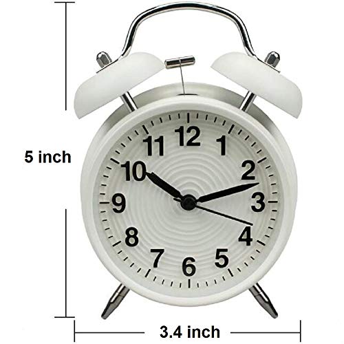 Yonzone - Reloj despertador con doble campana, de 7,6 cm, con función de batería, reloj despertador mecánico con esfera estereoscópica, luz nocturna, no hace tickets y silencioso, color blanco
