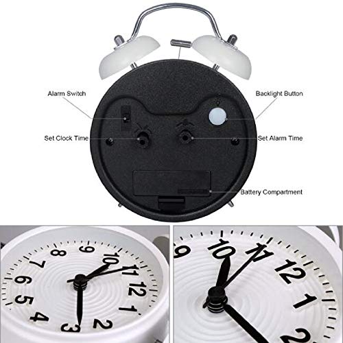 Yonzone - Reloj despertador con doble campana, de 7,6 cm, con función de batería, reloj despertador mecánico con esfera estereoscópica, luz nocturna, no hace tickets y silencioso, color blanco