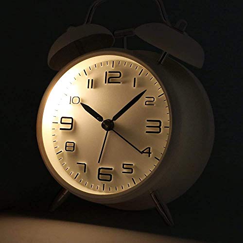 Yonzone - Reloj despertador con doble campana, de 7,6 cm, con función de batería, reloj despertador mecánico con esfera estereoscópica, luz nocturna, no hace tickets y silencioso, color blanco