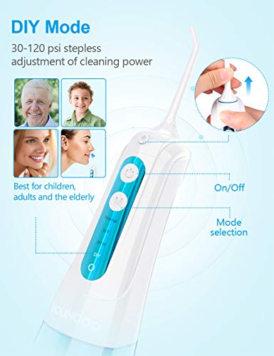 YOUNGDO Irrigador Bucal Portátil 300ML, Irrigador Dental Profesional IPX7 Impermeable USB Recargable, 4 Modos de Limpieza y 4 Boquillas Giratorias para Cuidado de Higiene Dental