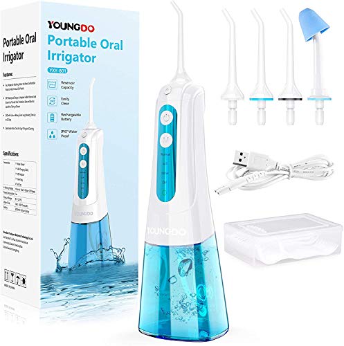 YOUNGDO Irrigador Bucal Portátil 300ML, Irrigador Dental Profesional IPX7 Impermeable USB Recargable, 4 Modos de Limpieza y 4 Boquillas Giratorias para Cuidado de Higiene Dental