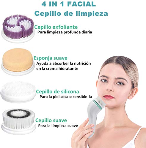 Yoyika Cepillo Limpiador Facial Eléctrico 4 en 1 Cepillo de Limpieza Facial Impermeable Masajeador con Estuche, Aparato para Limpiar la Cara - Verde