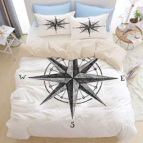 Yoyon Juego de Fundas nórdicas Beige, Marinero Dibujado a Mano Windrose con Instrucciones Completas North South West East, Juego de Cama Decorativo de 3 Piezas con 2 Fundas de Almohada