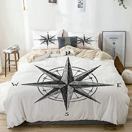 Yoyon Juego de Fundas nórdicas Beige, Marinero Dibujado a Mano Windrose con Instrucciones Completas North South West East, Juego de Cama Decorativo de 3 Piezas con 2 Fundas de Almohada