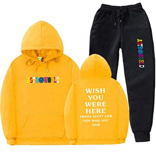 YuanDian Hombre Mujer Astroworld Wish You were Here Sudaderas con Capucha 2 Piezas Set Forro De Terciopelo Pullover + Jogging Pantalone Deportivos Juvenil Chandal 2# Amarillo + Negro L