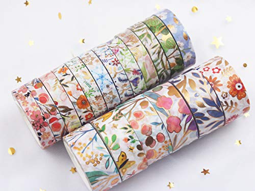 YUBBAEX Washi Tape Set cinta adhesiva decorativa Flor Oro Washi Glitter Adhesivo de Cinta Decorativa para DIY Crafts Scrapbooking 18 Rollos 8/15mm ancho