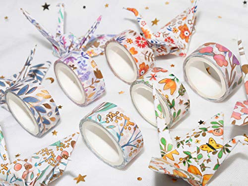 YUBBAEX Washi Tape Set cinta adhesiva decorativa Flor Oro Washi Glitter Adhesivo de Cinta Decorativa para DIY Crafts Scrapbooking 18 Rollos 8/15mm ancho