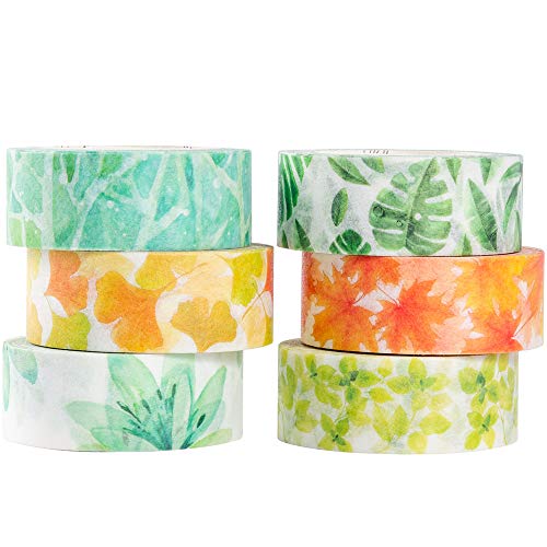YUBBAEX Washi Tape Set cinta adhesiva decorativa Washi Glitter Adhesivo de Cinta Decorativa para DIY Crafts Scrapbooking (Sensación de hojas 6 rollos)