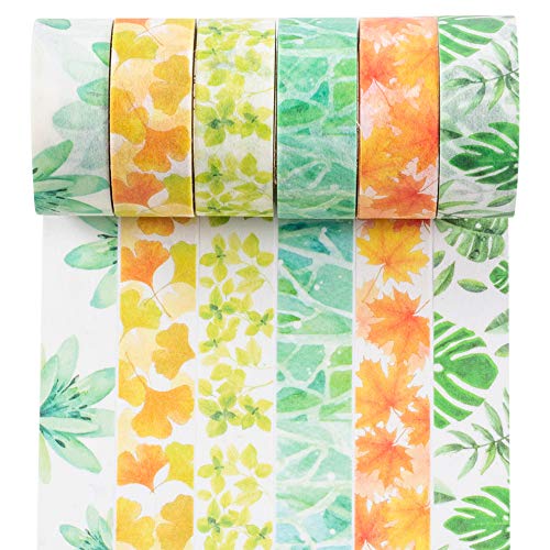 YUBBAEX Washi Tape Set cinta adhesiva decorativa Washi Glitter Adhesivo de Cinta Decorativa para DIY Crafts Scrapbooking (Sensación de hojas 6 rollos)