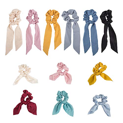 YuCool - Juego de 12 cintas para el pelo de gasa elástica, incluye 6 unidades de lazos y 6 unidades de extensiones de orejas de conejo, lazos suaves