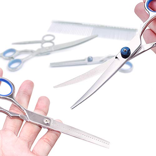YuCool - Tijeras de peluquería para perros (3 unidades, acero inoxidable, tijeras de entresacar curvadas, tijeras pequeñas, punta redonda, peine para perros y gatos)
