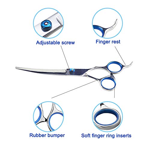 YuCool - Tijeras de peluquería para perros (3 unidades, acero inoxidable, tijeras de entresacar curvadas, tijeras pequeñas, punta redonda, peine para perros y gatos)