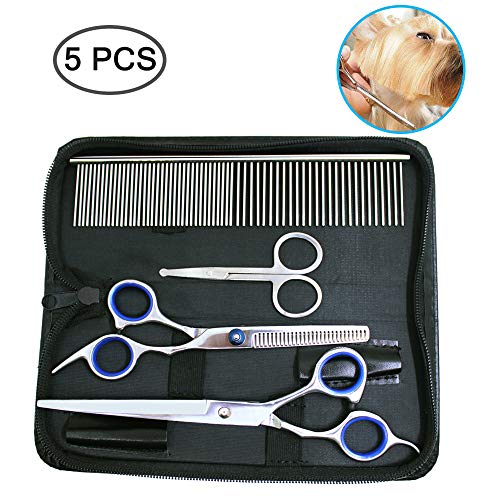 YuCool - Tijeras de peluquería para perros (3 unidades, acero inoxidable, tijeras de entresacar curvadas, tijeras pequeñas, punta redonda, peine para perros y gatos)