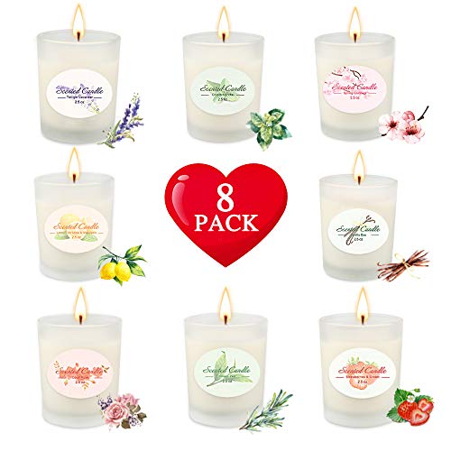 YUE GANG Velas Aromaticas, Regalos para Mujer 8x2.5OZ Cera de Soja, Regalos Originales para Mujer, Velas Perfumadas Aromaticas, Regalo para Alivio el Estrés y Aromaterapia