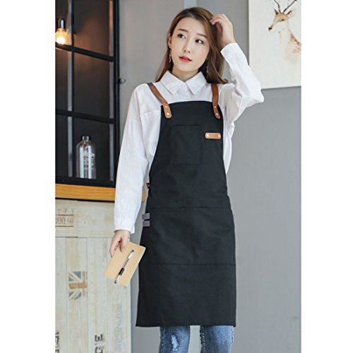 YUENA CARE Ajustable Delantal de Trabajo Mandil de 100% Algodón Unisex con Diseño de Espalda Correas Cruzadas de Moda para Cafetería Tienda de Postres Restaurante Negro