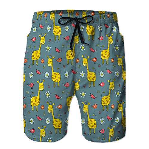 Yuerb Shorts de Playa Divertidos para Hombres Pantalones Casuales Jirafa Linda de Patrones sin Fisuras Dibujos Animados Dibujados a Mano