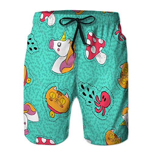 Yuerb Troncos de baño para Hombre Cintura elástica Trajes de baño Retro Icono de Parche Dibujado a Mano sin patrón