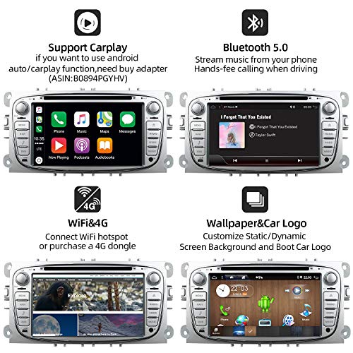 YUNTX Android 10 Autoradio para Ford Focus/Mondeo/S-MAX/Connect (2008-2011) | 2 DIN |Cámara Trasera y canbus Gratis| 7 Pulgada | 2GB/32GB | Soporte Dab+ | 4G | WLAN | Bluetooth | MirrorLink (Silver)