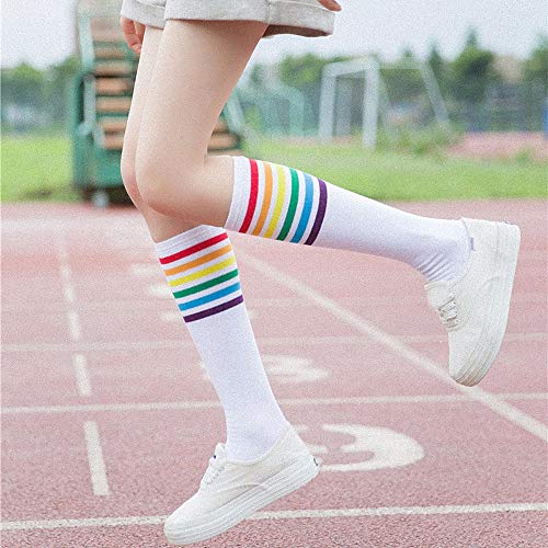 YWLINK 1 Par De Muslo Calcetines Altos Sobre La Rodilla Rainbow Stripe Girls Football Calcetines Negro Blanco Calcetines De Pila De Arco Iris Antideslizante La Moda CóModo