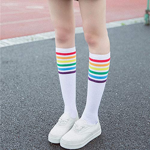 YWLINK 1 Par De Muslo Calcetines Altos Sobre La Rodilla Rainbow Stripe Girls Football Calcetines Negro Blanco Calcetines De Pila De Arco Iris Antideslizante La Moda CóModo