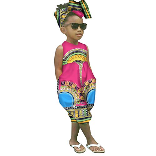 YWLINK Conjuntos NiñA,Verano Estilo Nacional Ropa Infantil del Mono del Mameluco del Estampado Africano Sin Mangas+Banda De Pelo Conjunto De 2 Piezas La Moda Vestido De Fiesta(Rojo,3-4 años/100)