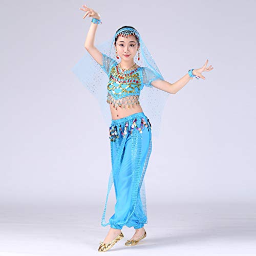 YWLINK Traje De Rendimiento, NiñAs India Danza del Vientre Danza Egipcia Traje Manga Corta Pantalones De Baile Conjunto De 2 Piezas Traje De Baile De Fiesta(Azul,8-10 años/L)
