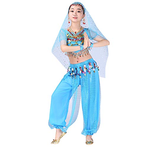 YWLINK Traje De Rendimiento, NiñAs India Danza del Vientre Danza Egipcia Traje Manga Corta Pantalones De Baile Conjunto De 2 Piezas Traje De Baile De Fiesta(Azul,8-10 años/L)